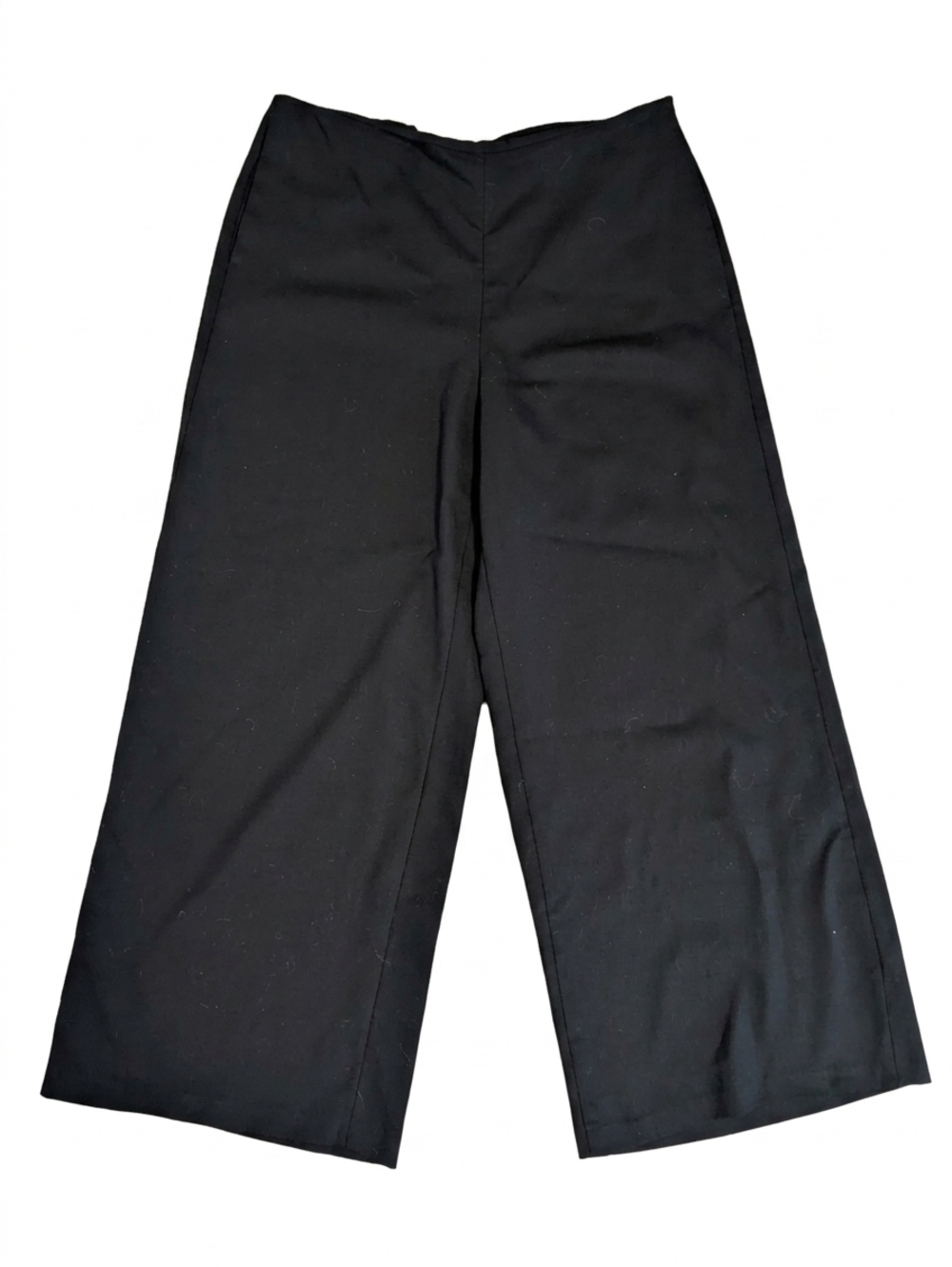 EILEEN FISHER Black Italian Wool Wide Leg Crop Pants Culottes L Side Zip Pockets